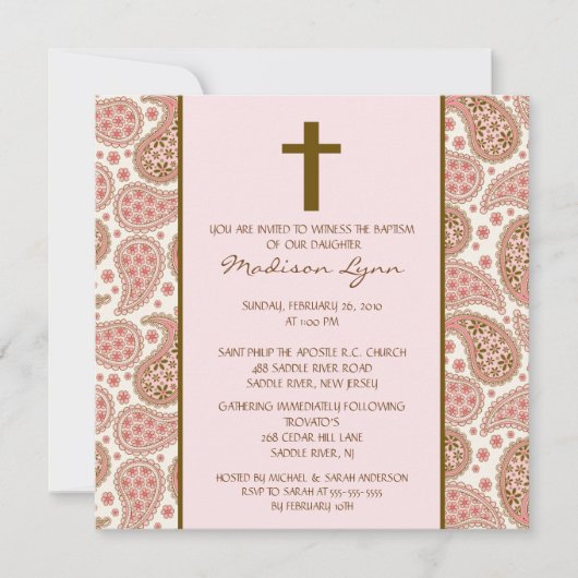 PINK & BROWN PAISLEY Baby Girl Baptism Inviation Einladung (Vorderseite)