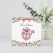 Pink Brown Pearls Lace Girl Babydusche Einladung (Stehend Vorderseite)