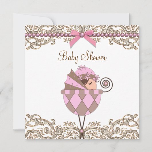 Pink Brown Pearls Lace Girl Babydusche Einladung (Vorderseite)