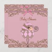 Pink Brown Pearls Lace Girl Babydusche Einladung (Vorne/Hinten)