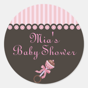 Pink & Brown Rattle Design Babyaufkleber Runder Aufkleber