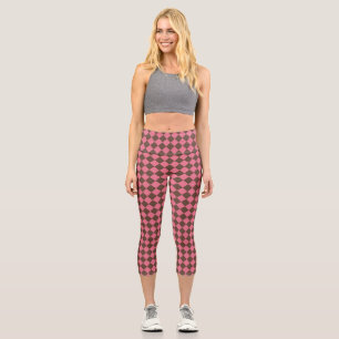 Pink Brown Schachbrett Diamond Pattern Capri Leggings