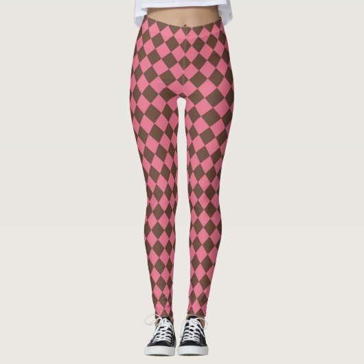Pink Brown Schachbrett Diamond Pattern Leggings (Vorderseite)