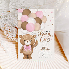 Pink Brown Teddy Bear Balloons Girl Baby Dusche Einladung