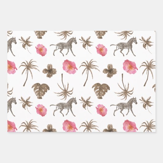 Pink Brown Tropical Zebra Blumenpalmen Bäume Geschenkpapier Set (Vorderseite)