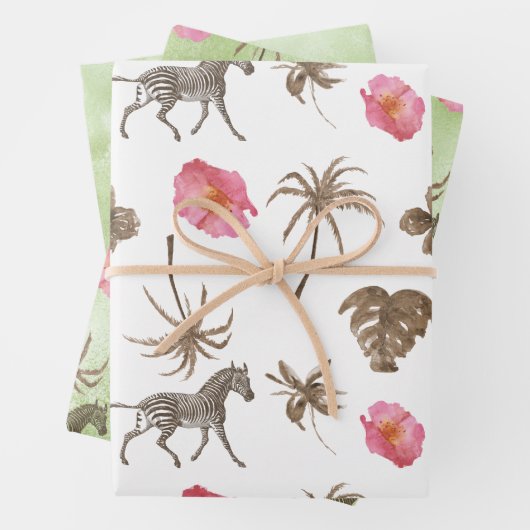 Pink Brown Tropical Zebra Blumenpalmen Bäume Geschenkpapier Set (Beispiel)