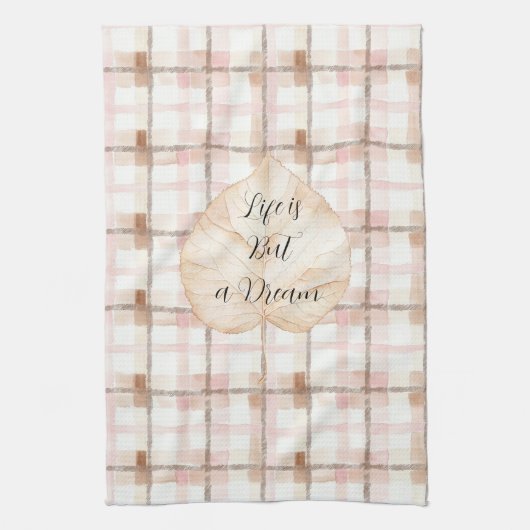 Pink Brown White Plaid Stripes Leaf Geschirrtuch (Vertikal)