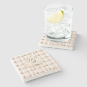 Pink Brown White Plaid Stripes Leaf Steinuntersetzer (Seitenansicht)