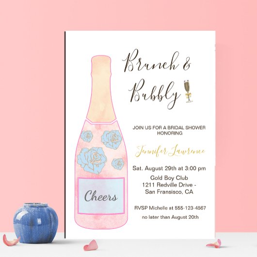 Pink Brunch Bubbly Champagne Bottle Bridal Shower Einladung