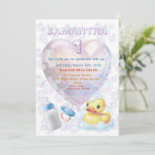 Pink Bubble Duck 1st Birthday Invite Einladung (Stehend Vorderseite)