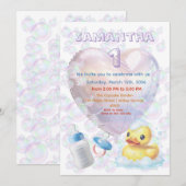 Pink Bubble Duck 1st Birthday Invite Einladung (Vorne/Hinten)