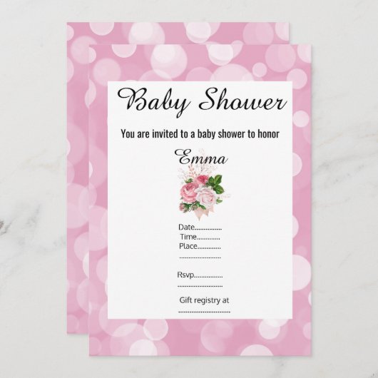 PINK BUBBLE FLORAL BABY DUSCHE EINLADUNG (Vorne/Hinten)