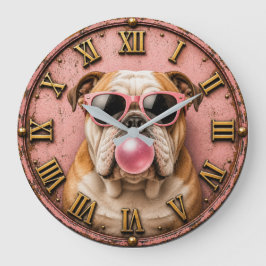 Pink Bubble Gum Bulldog with Sunglasses Große Wanduhr