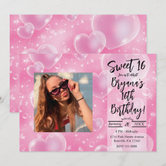 Pink Bubble Hearts Niedlich Girly 90er Geburtstags Einladung