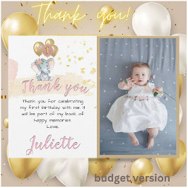 Pink BUDGET Elephant Foto Erstes Geburtstagskind Dankeskarte