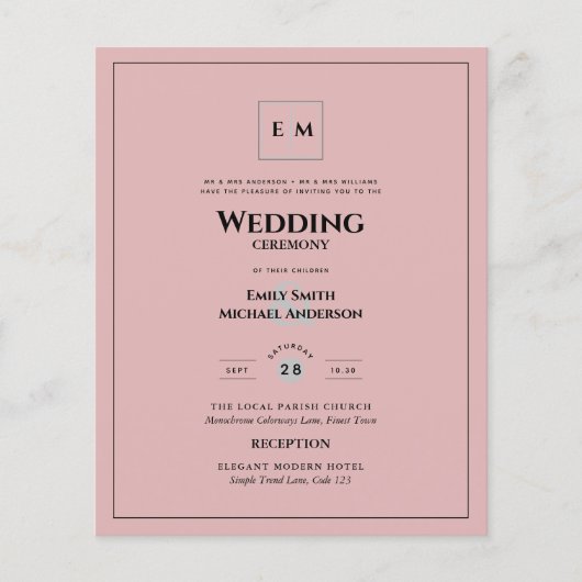 PINK BUDGET Moderne Elegante klassische Hochzeit Flyer (Vorne)
