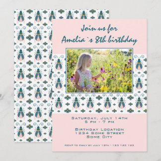 Pink Bugs Blume Pattern Girl Foto Geburtstag Einladung