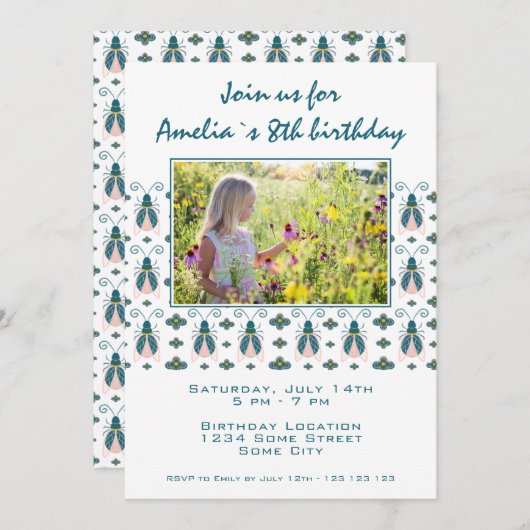 Pink Bugs Blume Pattern Girl Foto Geburtstag Einladung (Vorne/Hinten)