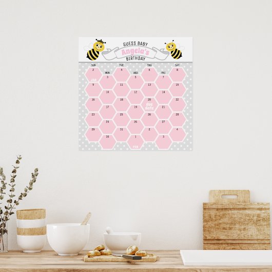 Pink Bumble Bee Baby Birthday Predictionary Calend Poster (Küche)