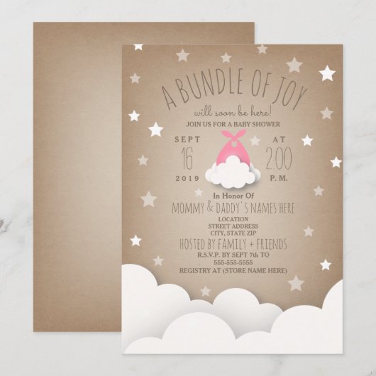 Pink Bundle Joy Clouds + Stars Babydusche Einladung (Vorne/Hinten)