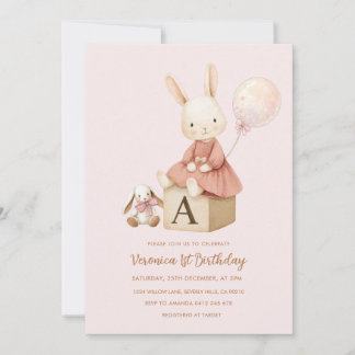 Pink Bunny 1st Birthday Einladung