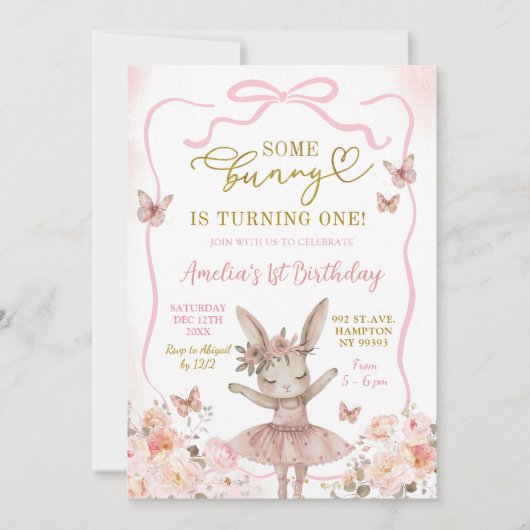 Pink Bunny Ballerina Erster Geburtstag Einladung (Vorderseite)
