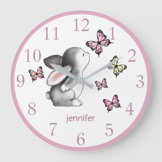 Pink Bunny Butterfly Kinderzimmer Decke Wall Uhr (Vorderseite)