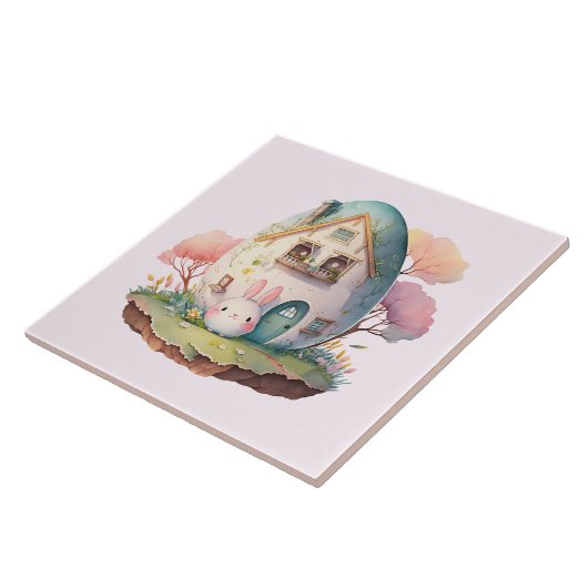 Pink Bunny & Egg Shaped House Kawaii Style Fliese (Seite)