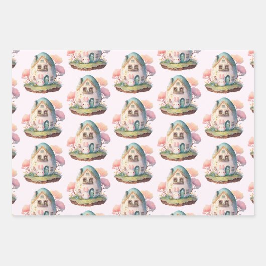 Pink Bunny & Egg Shaped House Kawaii Style Geschenkpapier Set (Vorderseite)