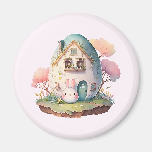 Pink Bunny & Egg Shaped House Kawaii Style Magnet (Vorne)
