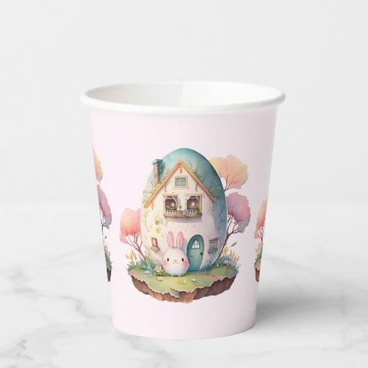 Pink Bunny & Egg Shaped House Kawaii Style Pappbecher (Links)