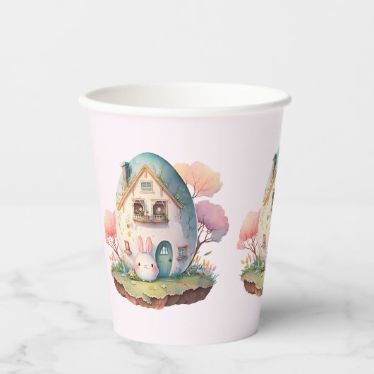 Pink Bunny & Egg Shaped House Kawaii Style Pappbecher (Vorderseite)