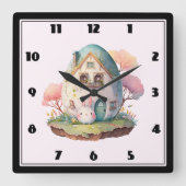 Pink Bunny & Egg Shaped House Kawaii Style Quadratische Wanduhr (Vorderseite)