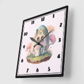 Pink Bunny & Egg Shaped House Kawaii Style Quadratische Wanduhr (Winkel)