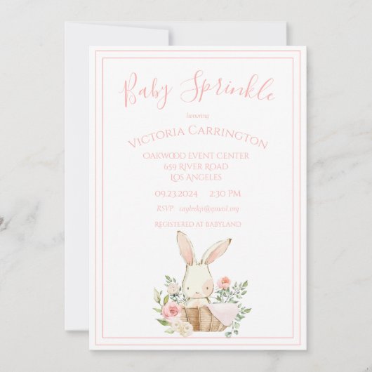 Pink Bunny Floral Baby Sprinkle Dusche Einladung (Vorderseite)