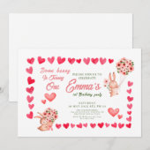 Pink Bunny Floral erster Geburtstag Einladung (Vorne/Hinten)