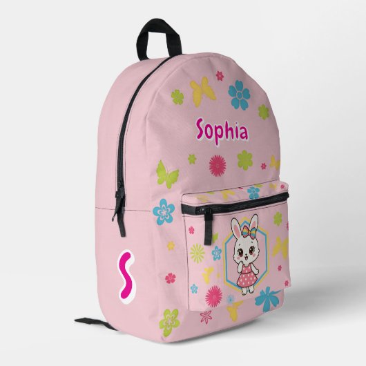 Pink Bunny Flowers Name Spring Girls Design Bedruckter Rucksack (Rückseitige Ecke links)