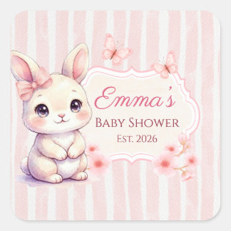 Pink Bunny Girl Watercolor Stripes Baby Shower Quadratischer Aufkleber