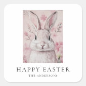 Pink Bunny mit Blumen Ostern Quadratischer Aufkleber (Vorderseite)