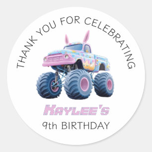 Pink Bunny Monster Truck Girls Danke zum Geburtsta Runder Aufkleber