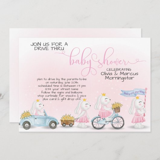 Pink Bunny Parade Drive Thru Baby SHower Einladung (Vorne/Hinten)
