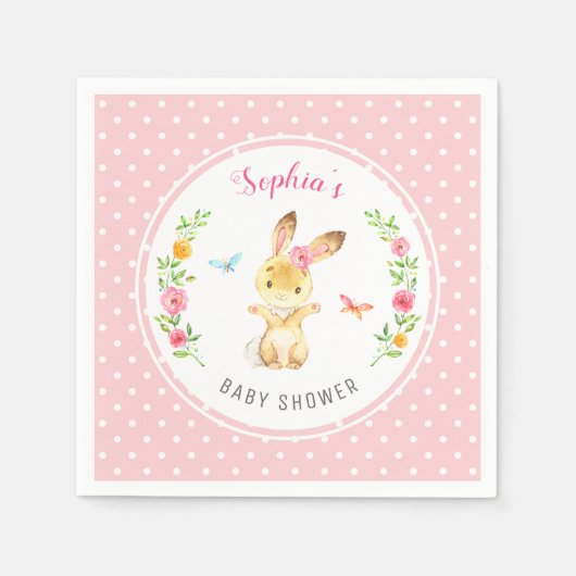 Pink Bunny Polka Dot Girl Babydusche Sprinkle Serviette (Vorderseite)