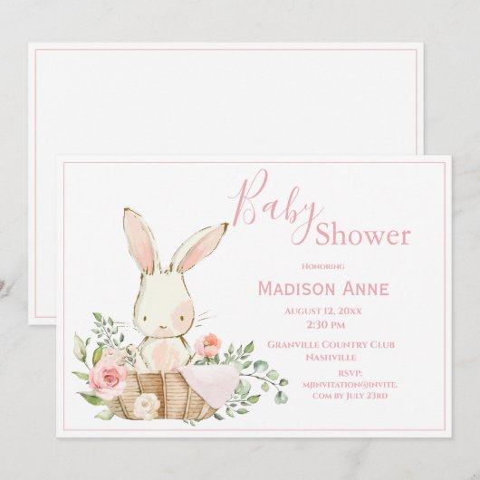 Pink Bunny Rabbit Baby Einladung (Vorne/Hinten)