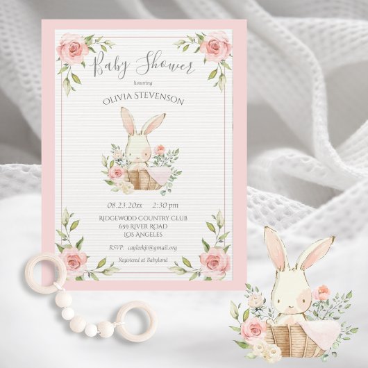 Pink Bunny Rabbit Columned Paper Baby Dusche Einladung