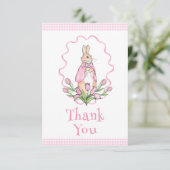 Pink Bunny Rabbit Gingham Floral Baby Dusche Dankeskarte (Stehend Vorderseite)