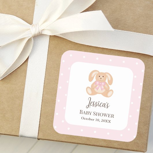 Pink Bunny Rabbit Niedlich Polka Dots Girl Babydus Quadratischer Aufkleber