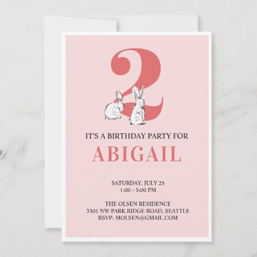 Pink Bunny Second Birthday Einladung (Vorderseite)