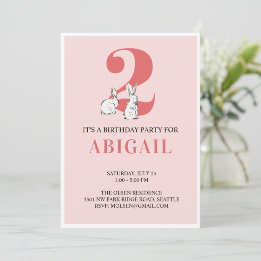 Pink Bunny Second Birthday Einladung (Stehend Vorderseite)