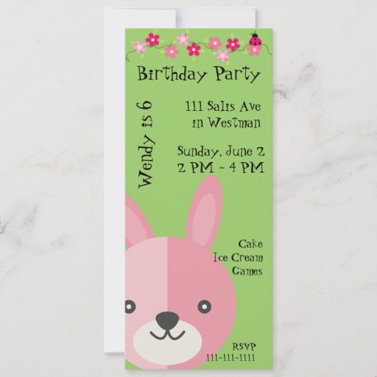 Pink Bunny und Blume Geburtstag Einladung (Vorderseite)