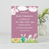 Pink Bunny und Eier Osterbrunch und Eierjagd Einladung (Stehend Vorderseite)